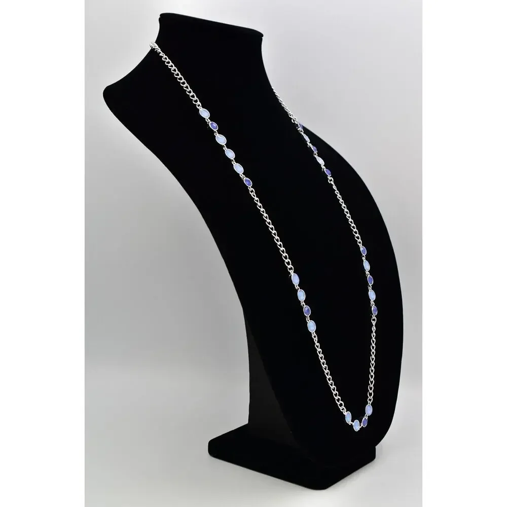 Vintage Station Chain Necklace Sky Blue Crystal Silver Tone Long Y2K BinBJ
